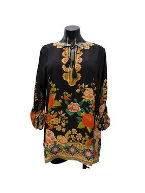 Johnny Was Blouse Black Silk Floral & Dragon Print XS